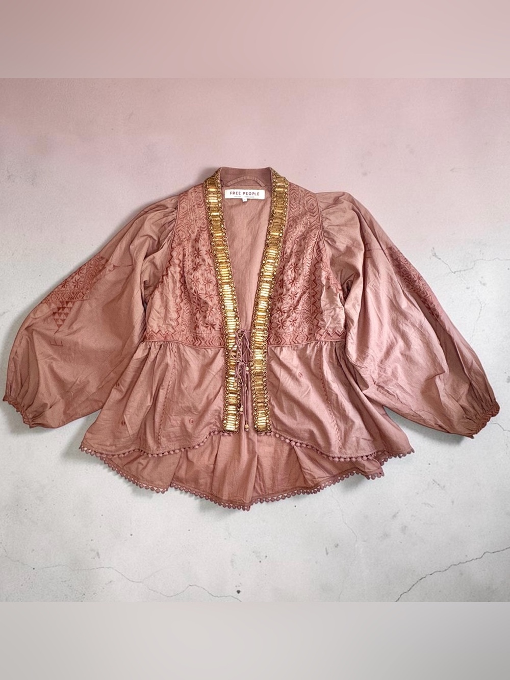 Free People JASMINE Jacket Cardigan Beaded Embroidery Tie Open Front Pink Mist M